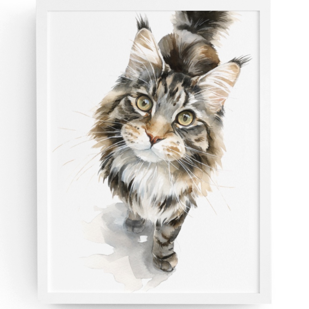 Watercolor Maine Coon Cat Illustration Wall Art Print Unframed